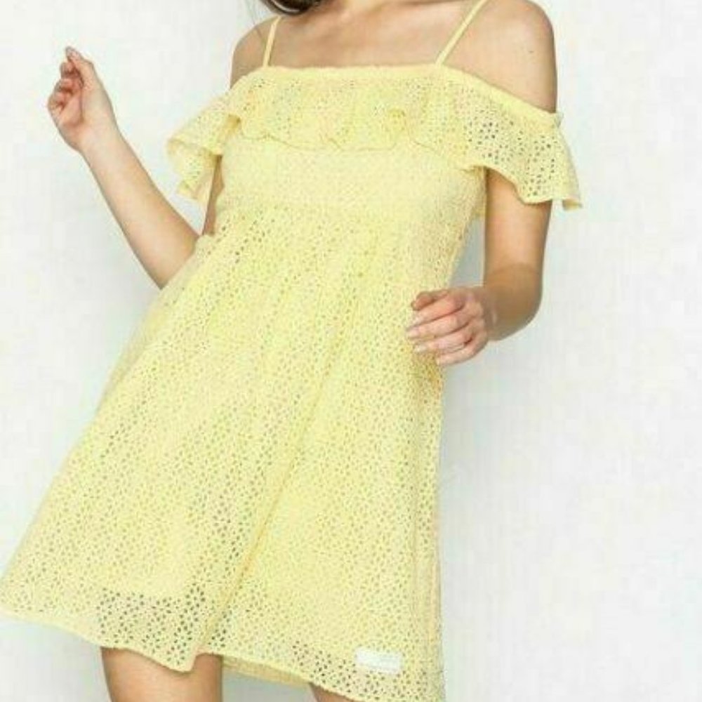 Odd Molly Anthropologie See Me Mini Dress Eyelet Cold Shoulder Yellow M-2